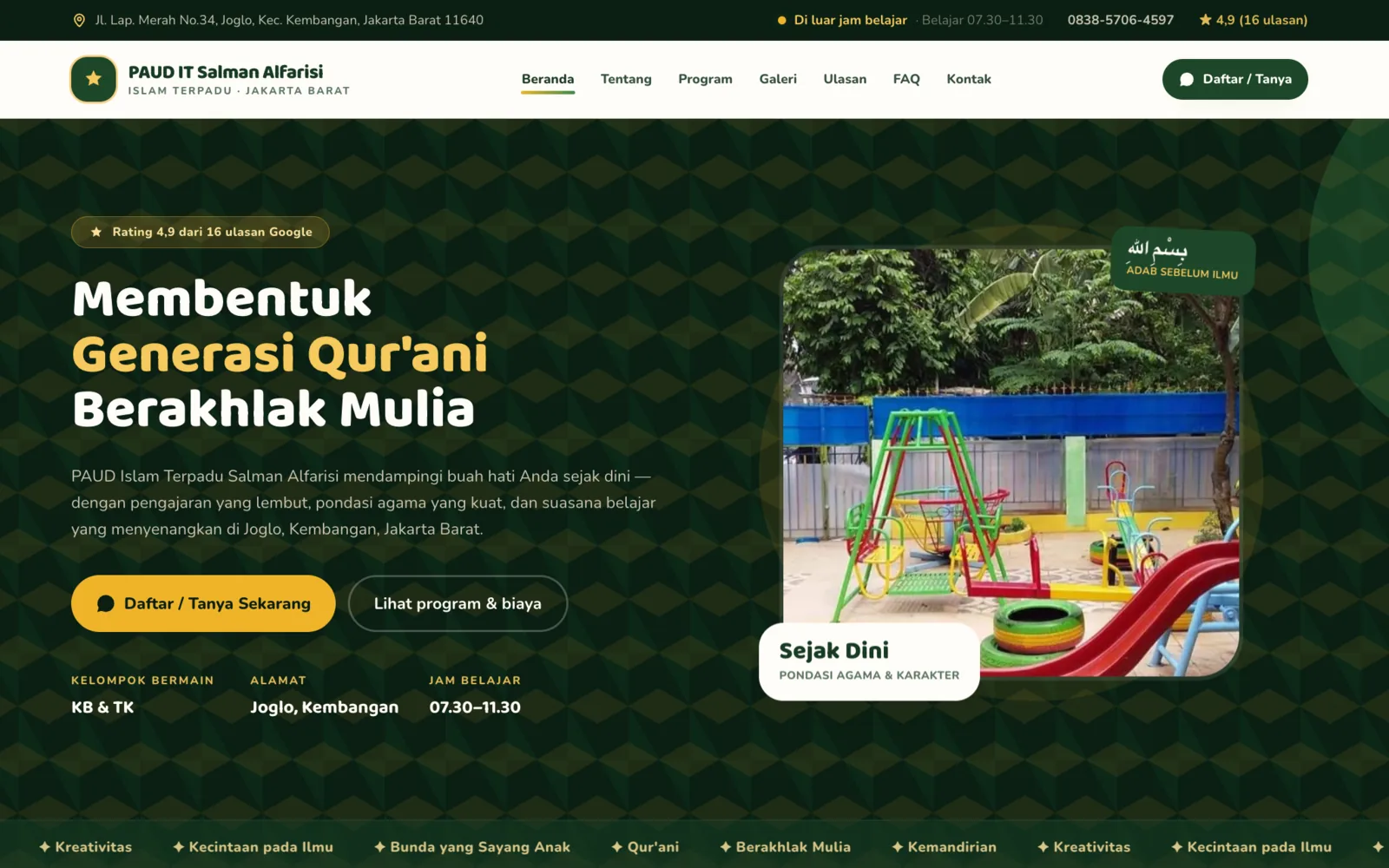 Pratinjau website PAUD IT Salman Alfarisi