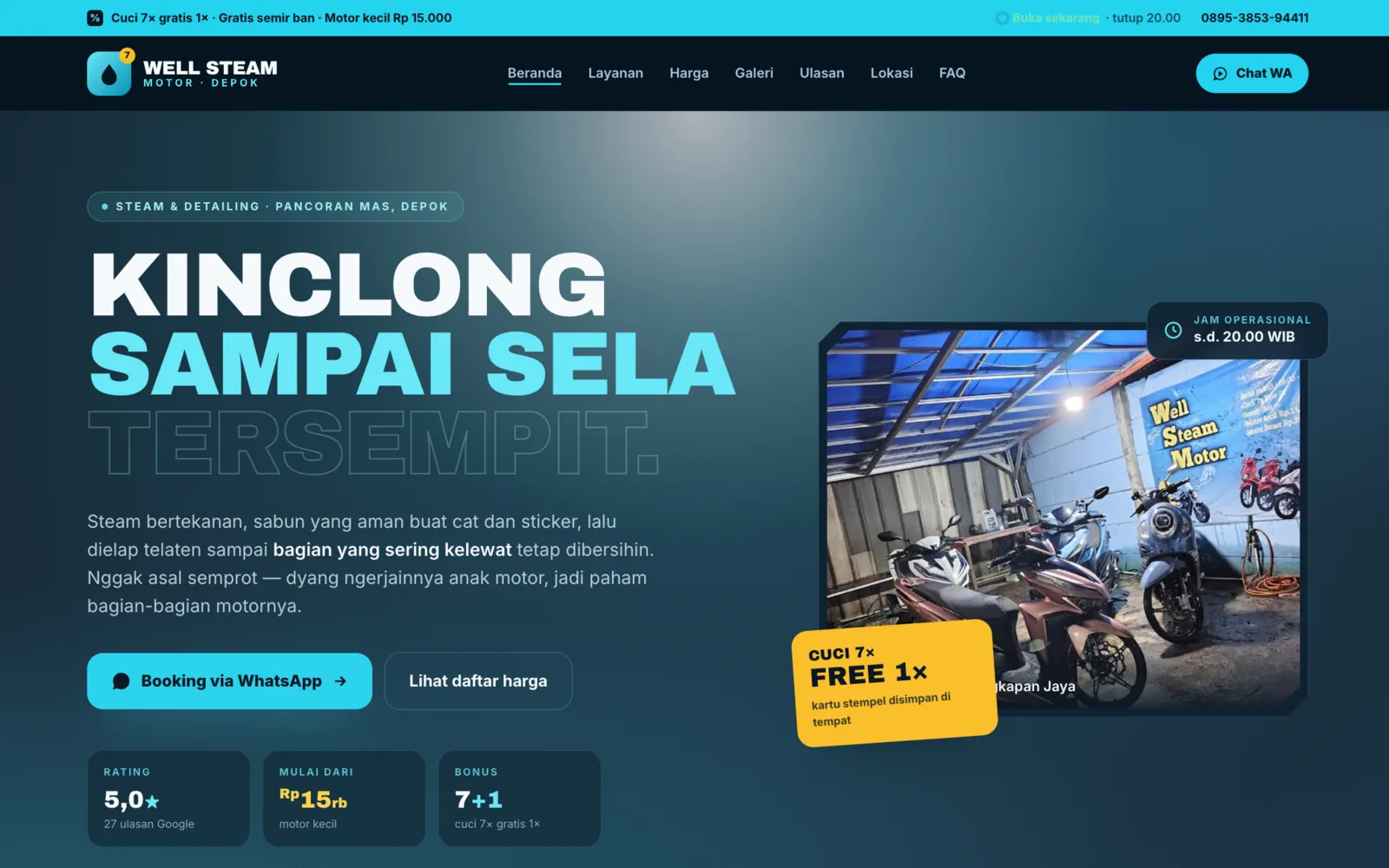 Contoh website jasa cuci motor yang dibuat dengan Webis
